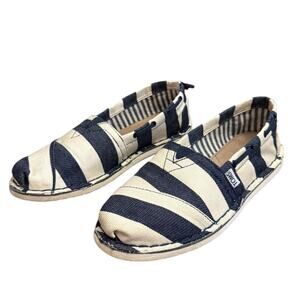 Toms Blue Off White Canvas Striped Slip On Loafer Size 8.5